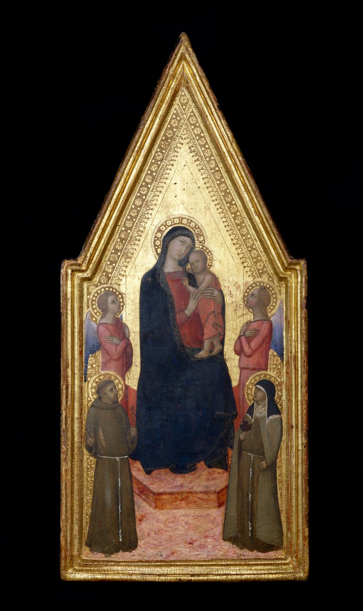 Madonna e Criança com São Francisco, Santa Clara e Dois Anjos, 1340-50 (têmpera e folha de ouro no painel) de Italian School