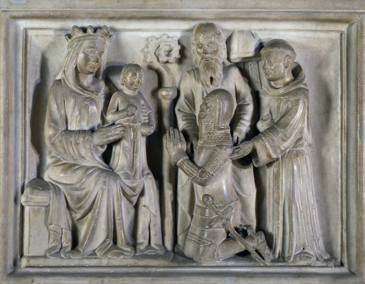 Madonna e Child, com um guerreiro e santos, alívio criado ??por Os Mestres de Campione. Itália de Italian School