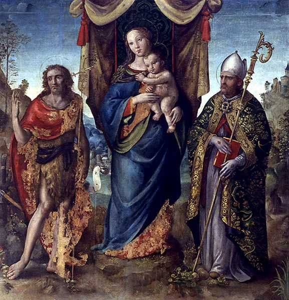 Madonna e Child com santos (óleo no painel) de Italian School