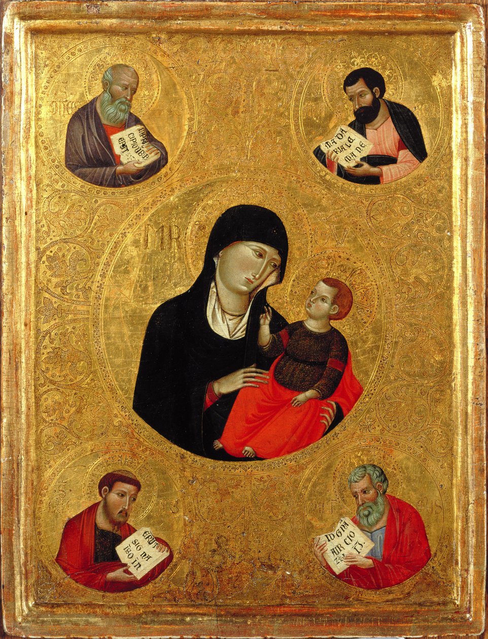 Madonna e Criança com os Quatro Evangelistas (tempera e folha de ouro no painel) de Italian School