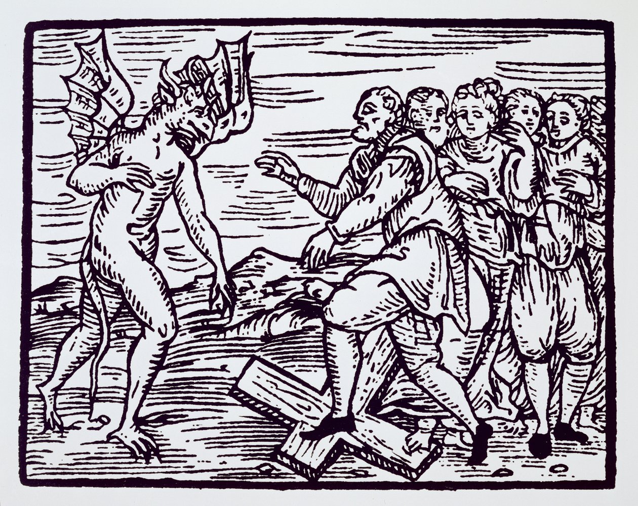 Bruxa masculina renunciando a Cristo, cópia de uma ilustração do Compendium Maleticarum por Pe. M Guaccius, Milão 1608, usada na História da Magia, publicada no final do século XIX de Italian School