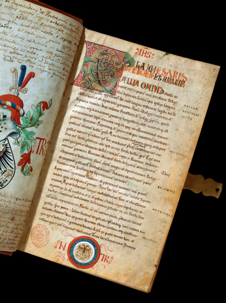 Manuscrito "De Bello Gallico, Comments on the War of the Gauls" de Jules Cesar (Giulio Cesare ou Caius Júlio César) (100-44 AC) (ms. 541) Blazon do humanista Niccolo Tranchedini, proprietário do manuscrito. Século XIV Biblioteca Riccardiana Nápoles de Italian School