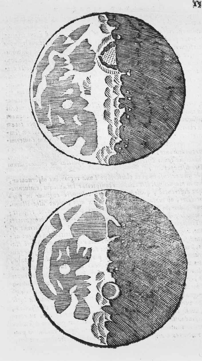 Mapas da lua, ilustração de Sidereus Nuncius por Galileo Galilei, 1610 de Italian School