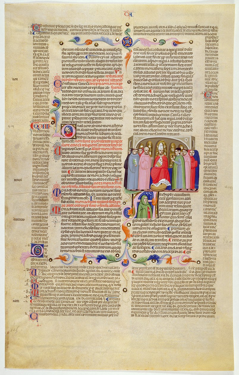 Marlay Cutting IT.10: Folha com miniatura de Gratians Decretum mostrando o arcebispo entronizado entre clérigos e seculares de Italian School