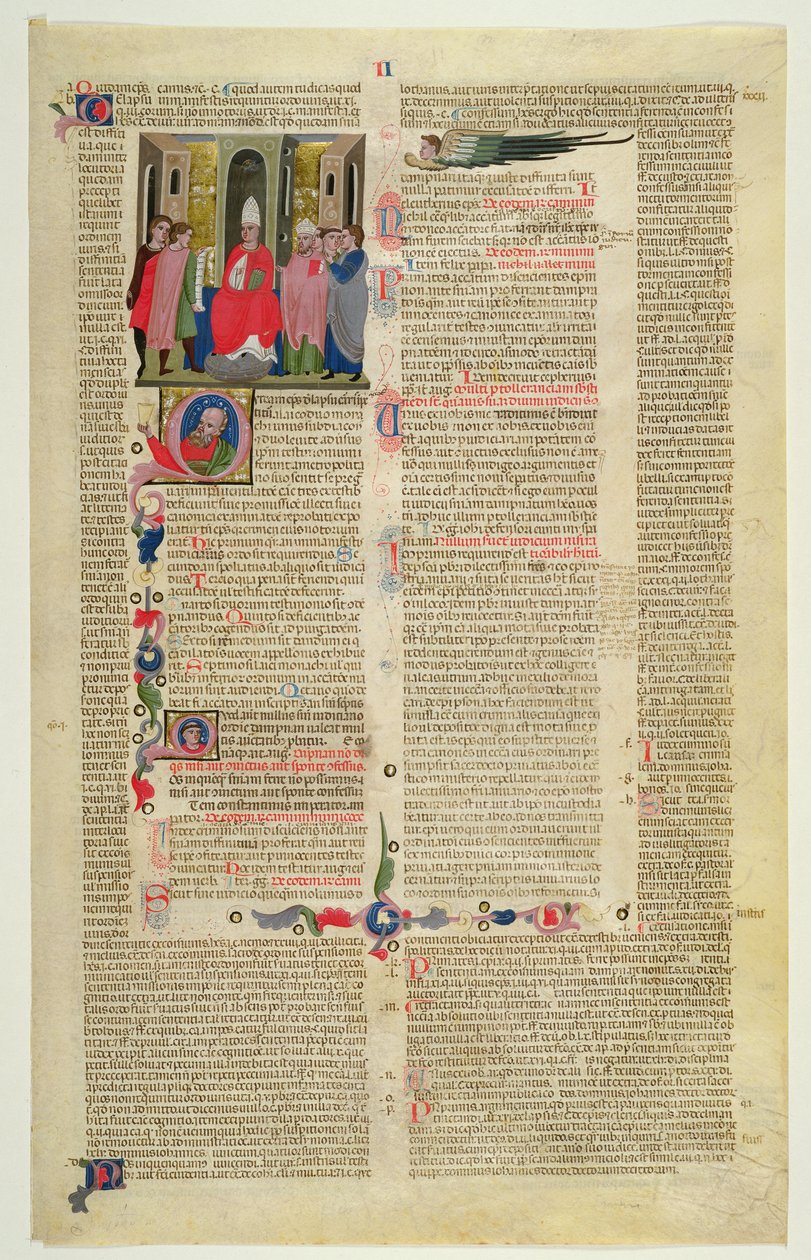 Marlay Cutting IT.3: Folha com miniatura de Gratians Decretum mostrando o caso do bispo acusado de pecado carnal de Italian School