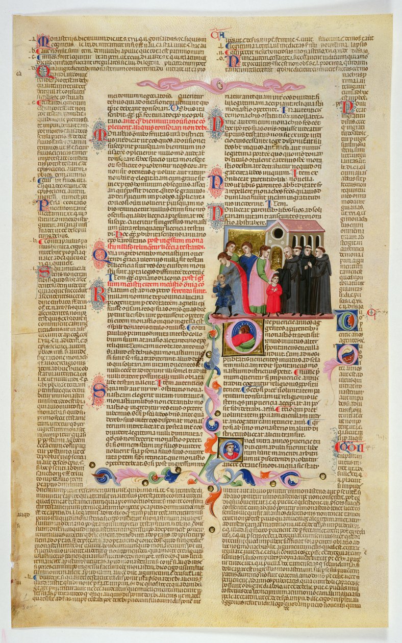 Marlay Cutting IT.9: Folha com miniatura de Gratians Decretum mostrando dois garotos trazidos para um mosteiro por seus pais de Italian School