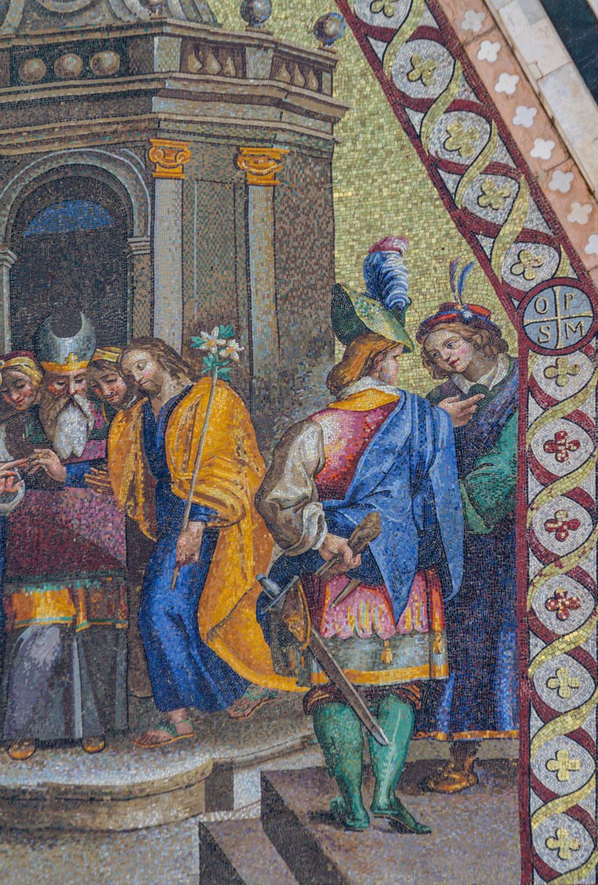 Casamento de Virgem, mosaico, cúspide superior na fachada da catedral de Orvieto, Úmbria, Itália de Italian School