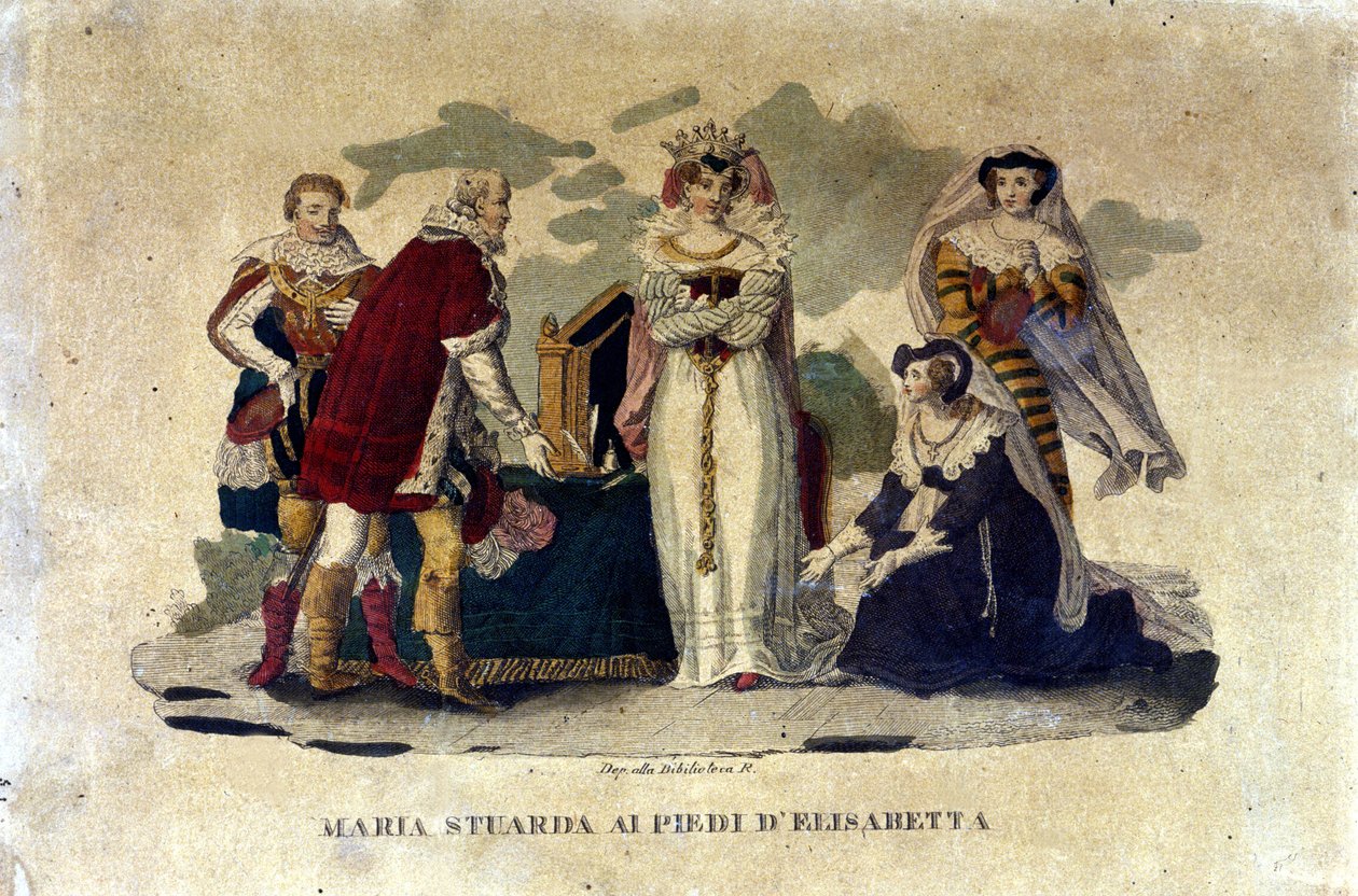 Mary Stuart aos pés de Elizabeth I, na ópera Maria Stuarda de Gaetano Donizetti, 1810 de Italian School