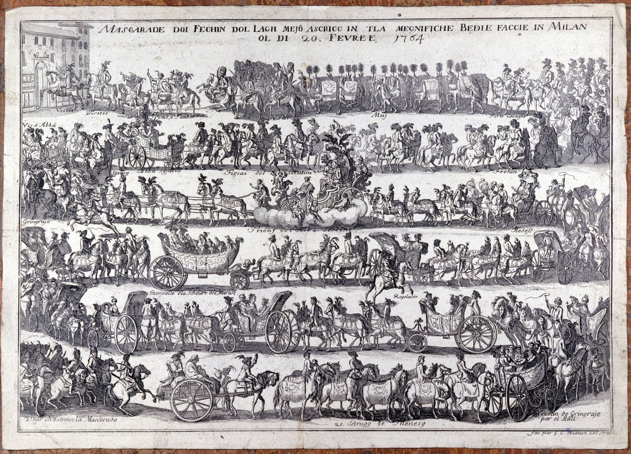 Mascarada: procissão e dança de máscaras de pessoas por ocasião do carnaval. Milão 20/02/1764 Gravura do século XVIII de Italian School