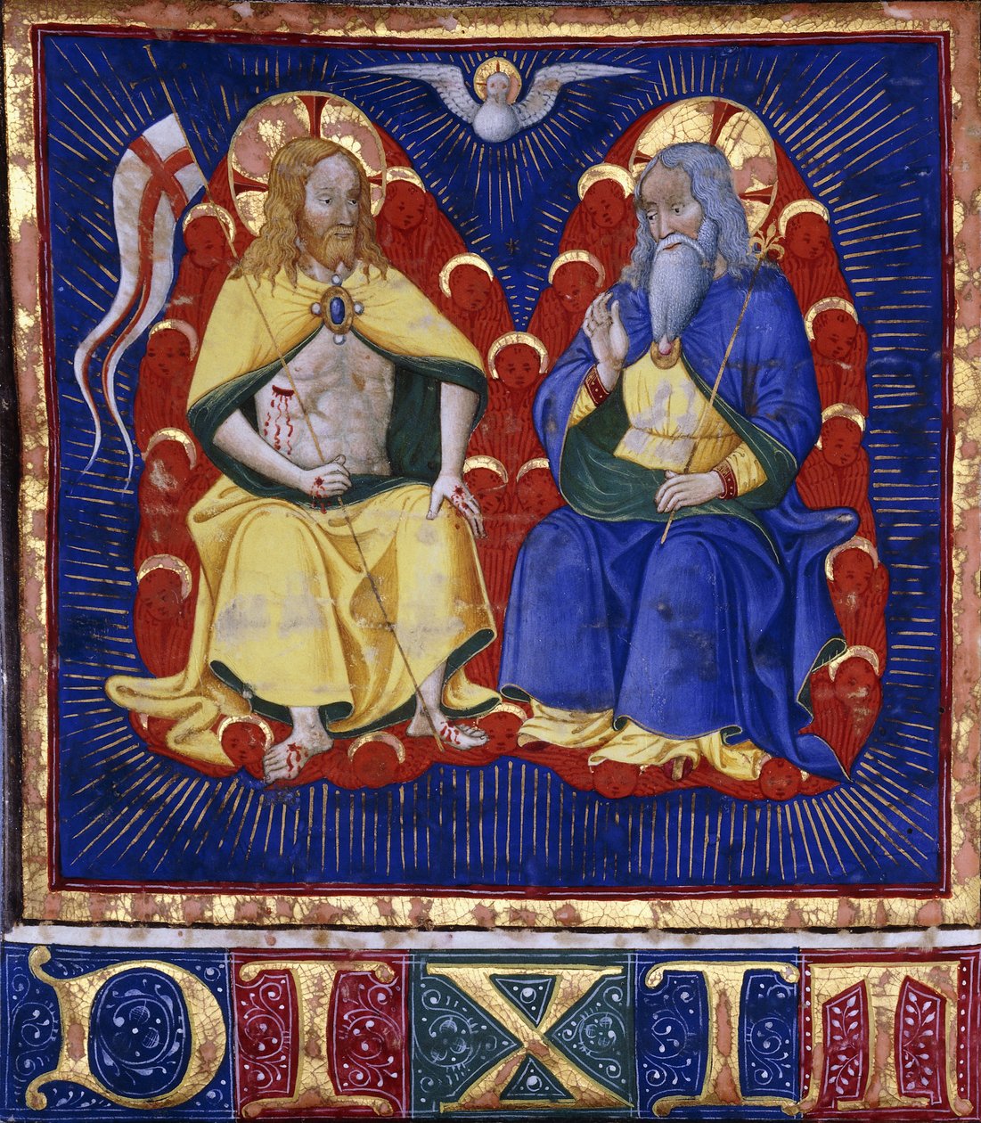 Mestre da Vitae Imperatorum: A Trindade, miniatura de um coro iluminado sobre pergaminho, c.1440 (pintura e ouro polido sobre pergaminho) de Italian School