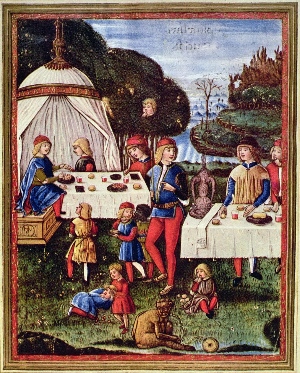 Maximilian Sforza quando criança fazendo uma refeição no jardim, ilustração de uma cópia de 
