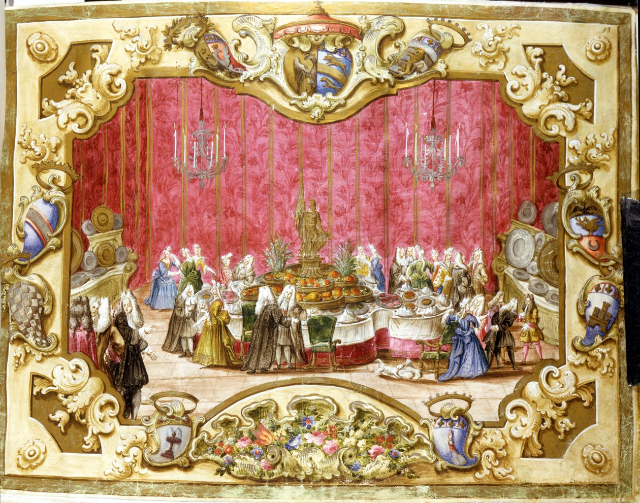 Refeição dada em homenagem ao gonfalonier Zambeccari pelo empenho do poder judiciário. 1720. Bolonha, Archivio di stato. de Italian School