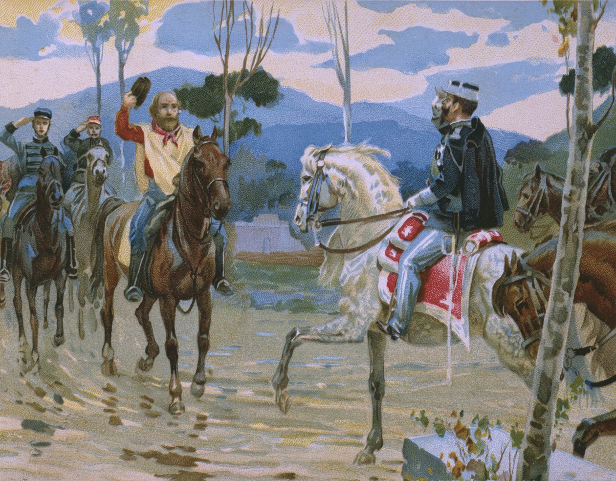 Encontro entre Giuseppe Garibaldi e o Rei Victor Emmanuel II (1820-1878) no dia 26 de outubro de 1860 em Teano, ilustração de um álbum sobre a história do Risorgimento feito para o chocolate Talmone, la de Italian School