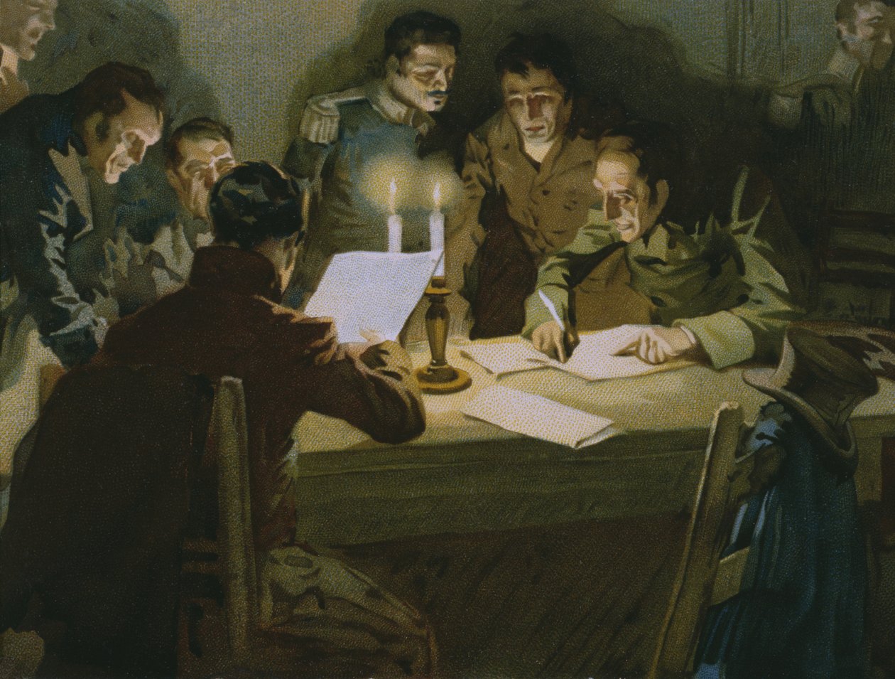 Encontro dos primeiros guerrilheiros que resistem aos ocupantes, nascimento do Carbonari, ilustração de um álbum sobre a história do Risorgimento feito para o chocolate Talmone, final do século XIX (chromolitho de Italian School
