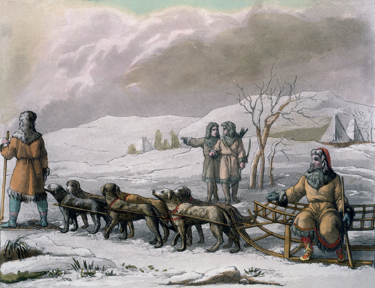 Homens de Kamchatska, com um trenó de cachorro, de Costumi dei ... por Giulio Ferrario, c.1820s-30s de Italian School