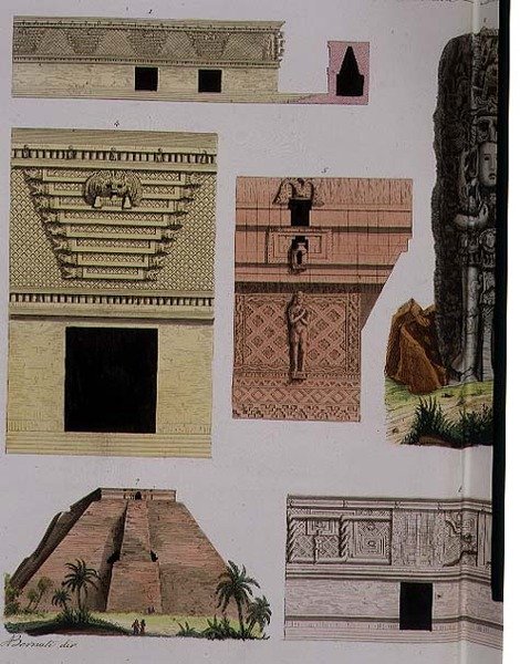 Antiguidades Mexicanas, detalhes arquitetônicos da placa 48 de "A História das Nações" (aquatint) (ver também 94498) de Italian School