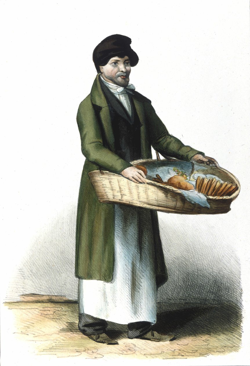 Milanese Metier: um vendedor de bolachas e bolos. 1830 Gravura de Locarno. de Italian School