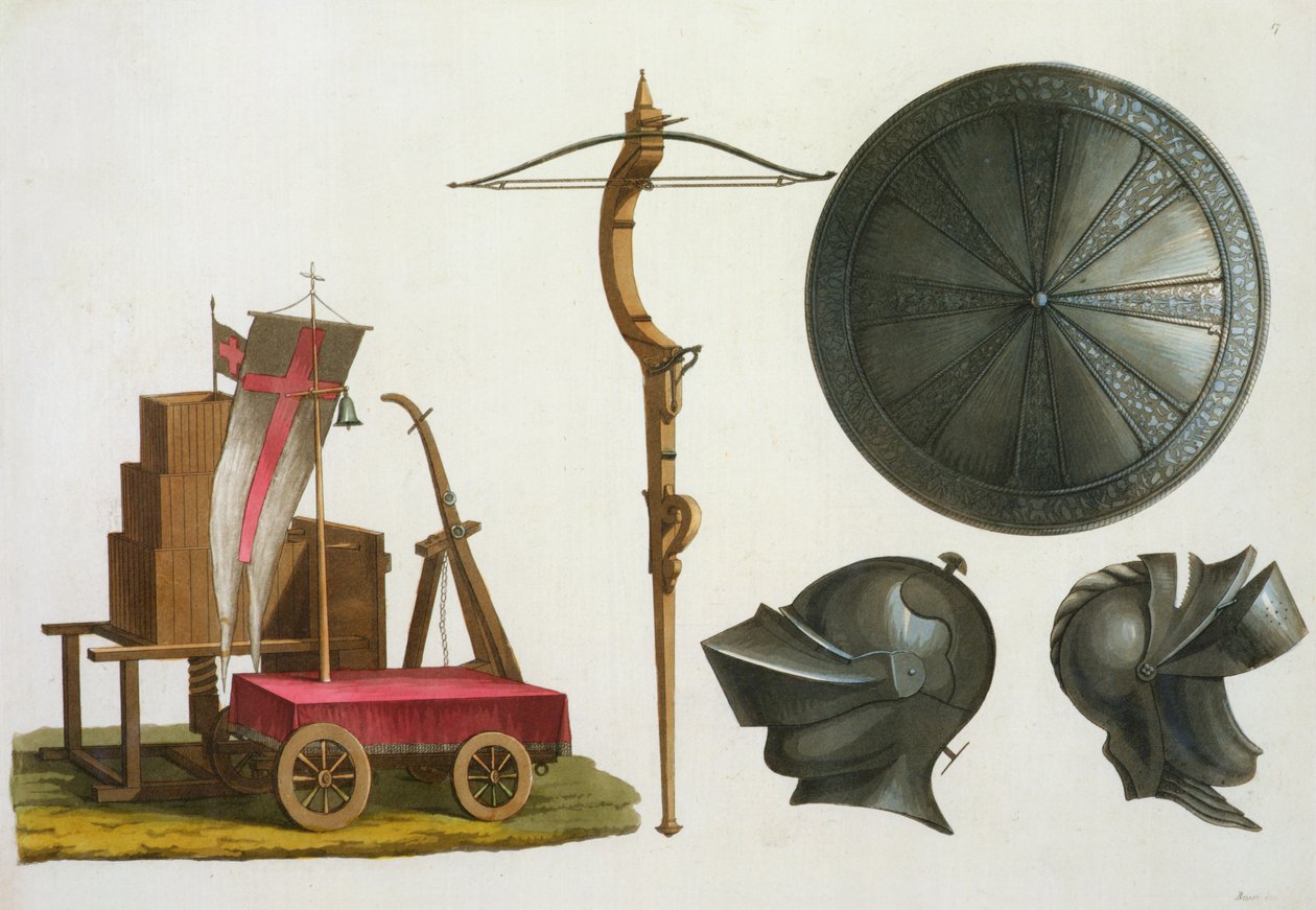 Carro milanesa, besta e armadura, placa 17 do velho e moderno traje, por Jules Ferrario, publicado c.1820s-30s de Italian School