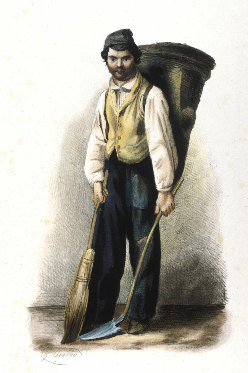 Milanese metier: um varredor de rua. 1830 Gravura de Locarno. de Italian School
