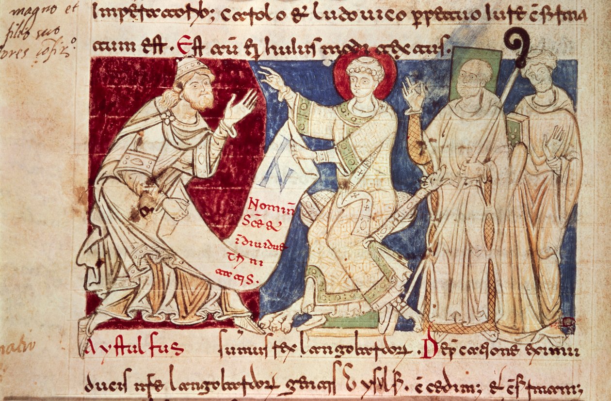 Miniatura de Chronicon Vulturnense, códice iluminado composto pelo monge Iohannes, ca. 1130, Itália de Italian School