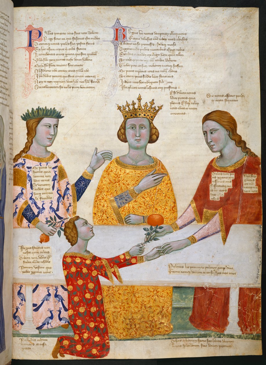 Miniatura do Julgamento de Paris, com Pallas Athena, Juno e Vénus sentados à mesa, e Paris dando um ramo de oliveira a Vénus, ilustração de "Discurso em verso a Robert de Anjou, Rei de Nápoles, da cidade de Prato na Toscana (o "Regia Car de Italian School