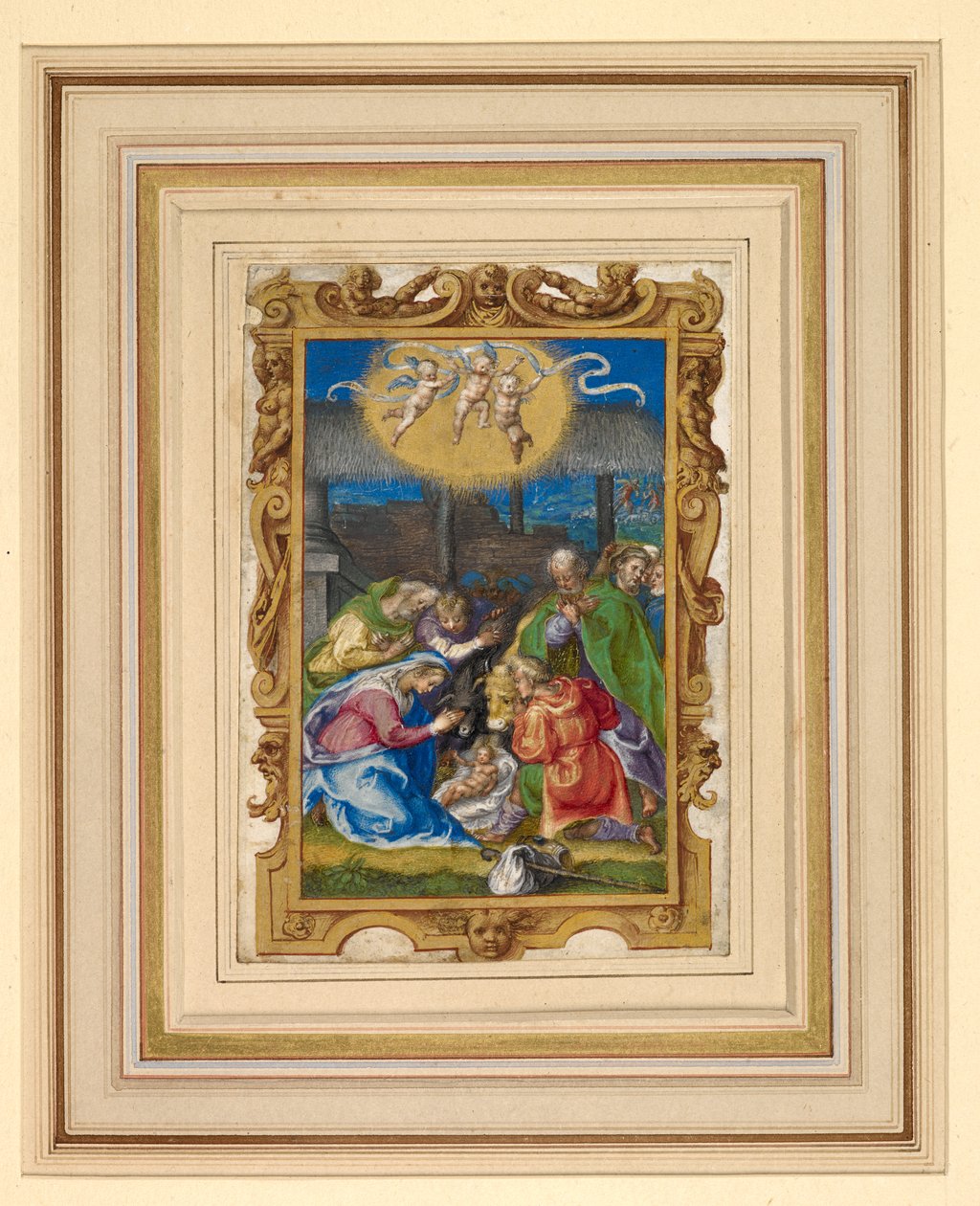 Miniatura da Natividade com a Sagrada Família e pastores num estábulo, com três putti com um pergaminho inscrito acima e o anúncio aos pastores no fundo (vellum) de Italian School