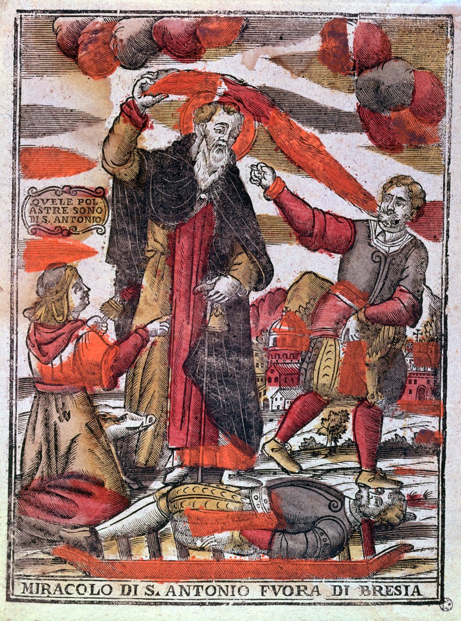 Milagre de Santo Antônio, o Grande, curando um homem envenenado (impressão xilogravura colorida) de Italian School