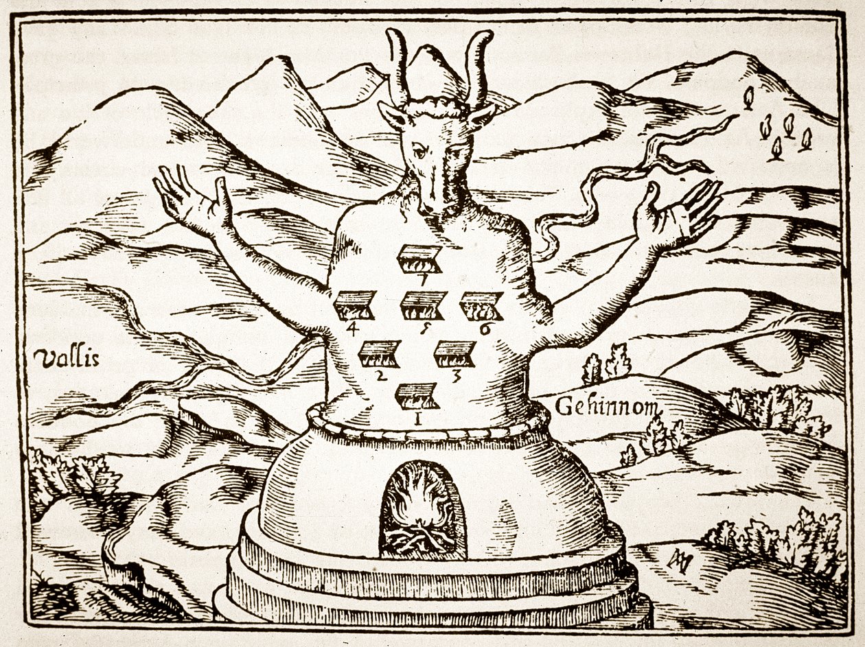 Moloch, cópia de uma ilustração de Édipo Aegyptiacus de Athanasius Kirchner, Roma 1652, usada em uma História da Magia, publicada no final do século XIX de Italian School