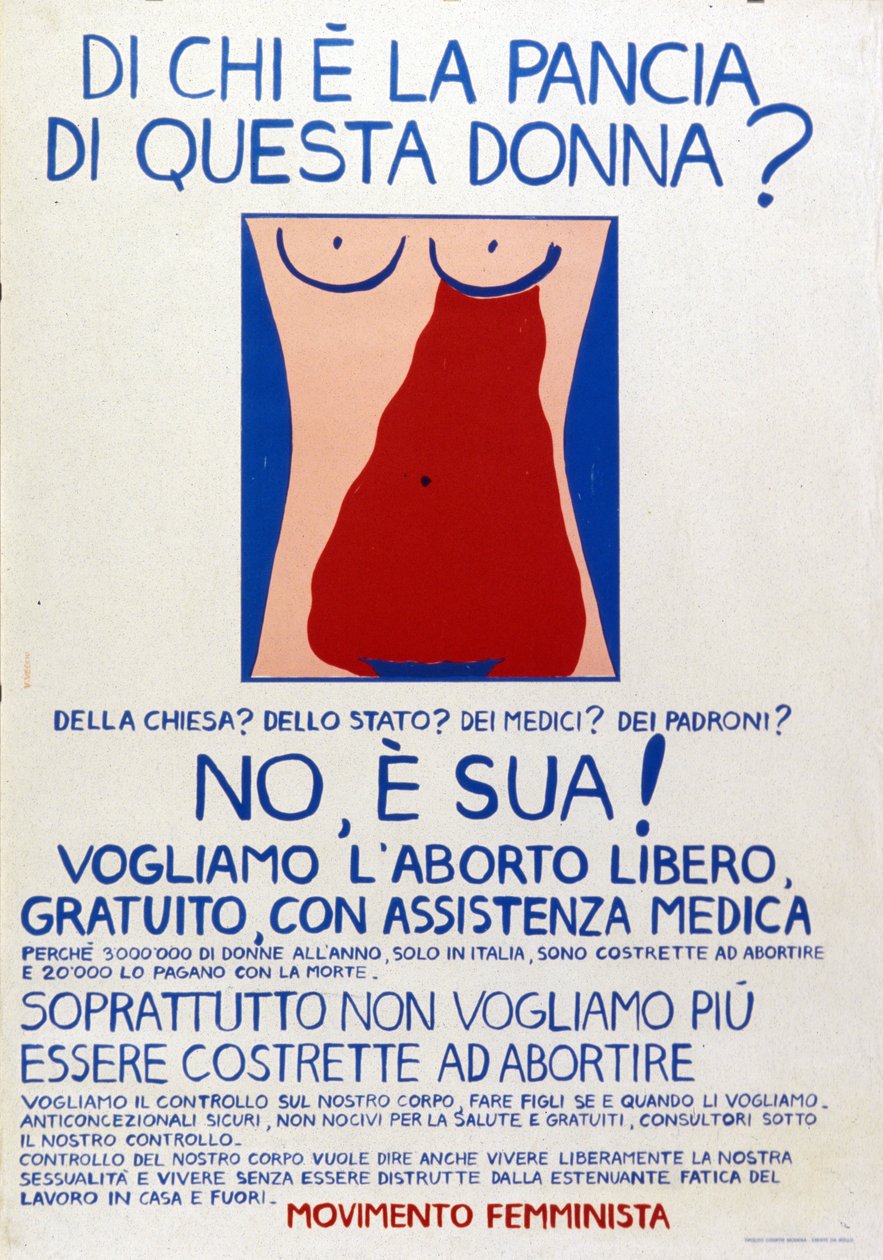 Movimento feminista: "A quem pertence o ventre da mulher À Igreja Ao Estado Aos médicos Aos patrões Não, é dela! Cartaz sobre o direito ao aborto gratuito com assistência médica. de Italian School