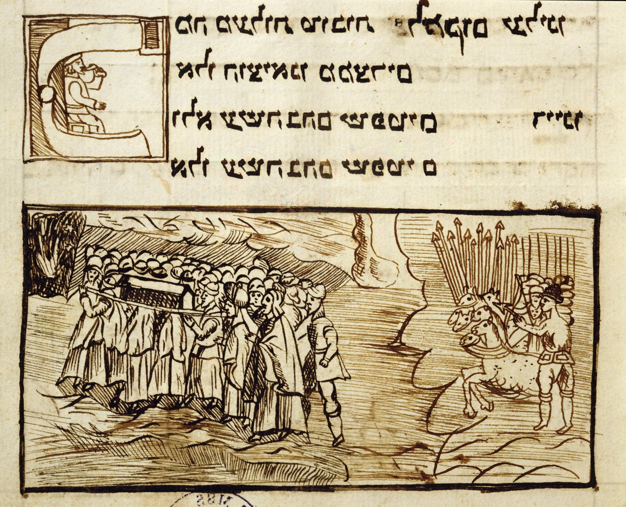Ms.CA2795 O povo judeu cruzando o Mar Vermelho com a Arca Sagrada seguido pelos egípcios, da história do povo judeu de Italian School