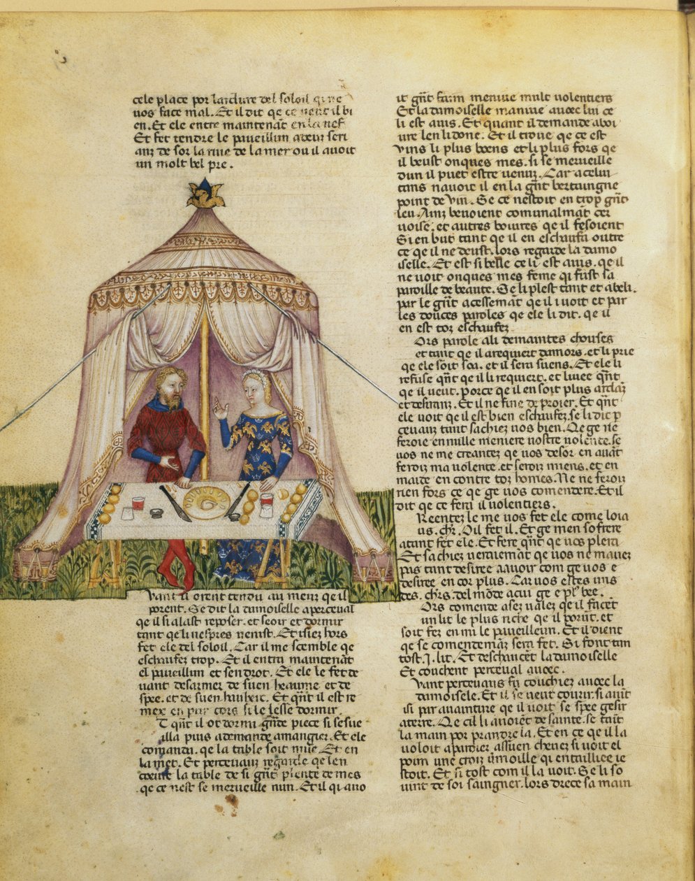 Ms.Fr 343 f.31v Sir Percival é tentado por uma donzela que lhe dá uma festa antes de seduzi-lo, da Queste del Saint Graal, c.1380-85 de Italian School