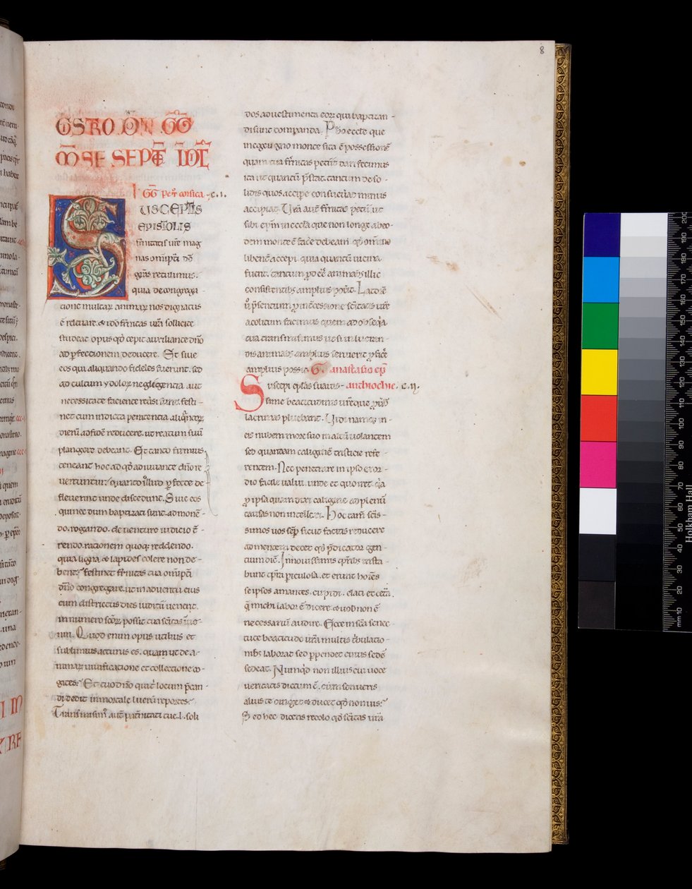 Sra. 143. Gregório o Grande, Registrum Epistolarum, f.8r. Decorado inicial [S] com infill e final de folha de vinho branco de Italian School
