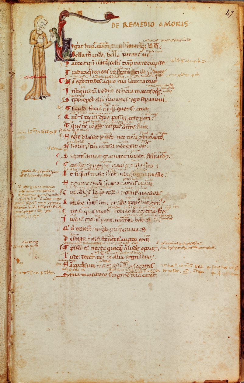 Ms 19 fol.47 Página de texto com uma inicial historiated, de LArt dAimer por Ovídio (43-17 aC) de Italian School