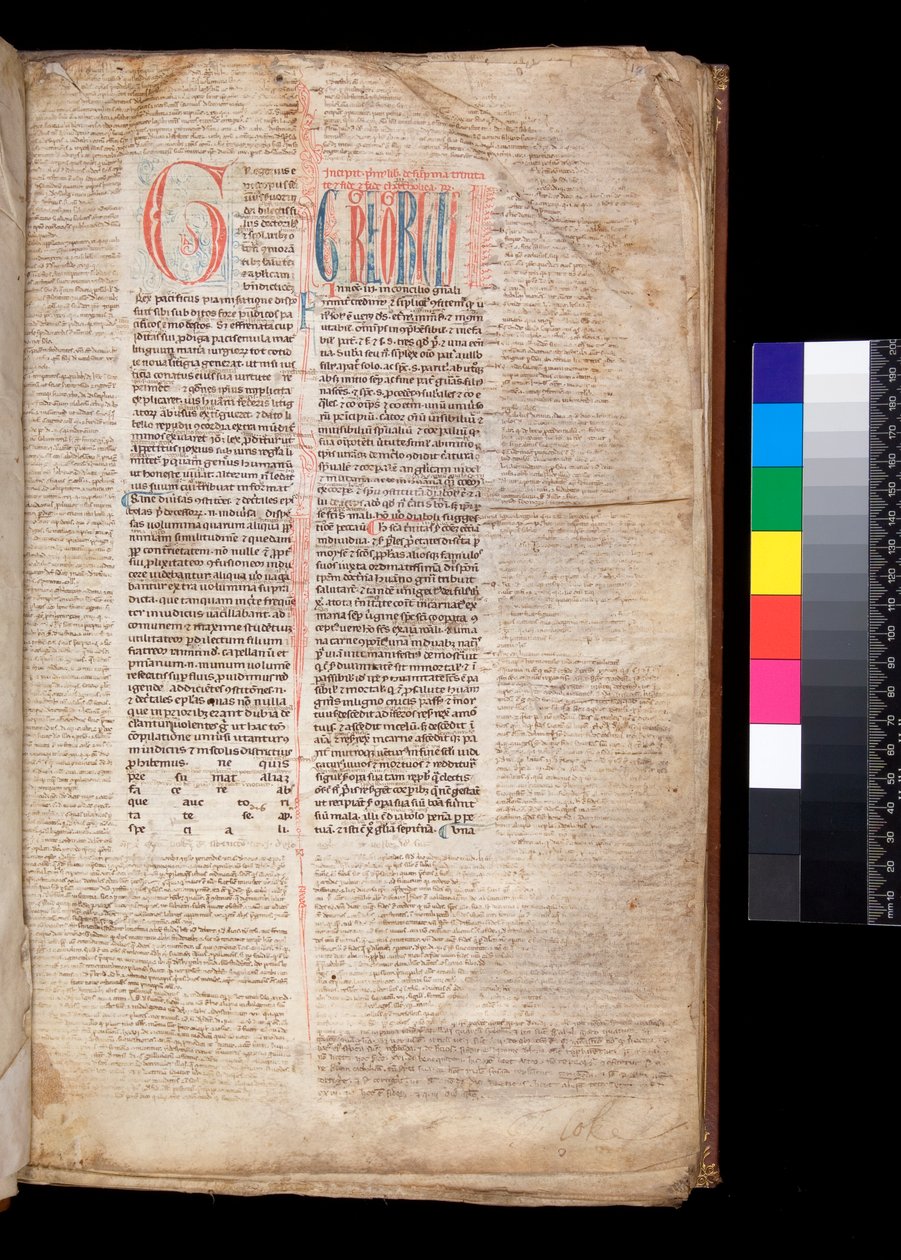 Sra. 213. Gregory IX, Decretales with Apparatus de Bernardo Botone de Parma, F.1r. Inicial [G] em vermelho com decoração de caneta reservada e azul de Italian School