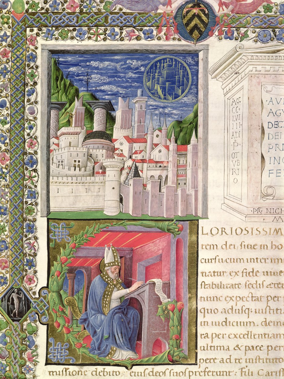 218 f.2r Vista de Roma como a Cidade de Deus, e Santo Agostinho escrevendo, de 
