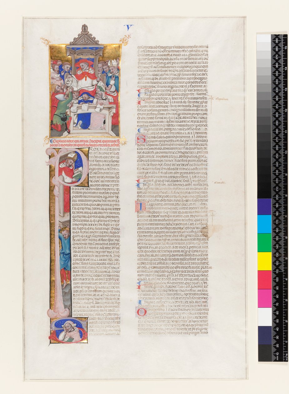 Ms 331 fol.1r Página de texto com um P inicializado historiated e uma miniatura representando um cardeal entronado, do Livro V dos Decretals de Gregory IX, de Bolonha, c.1350 de Italian School