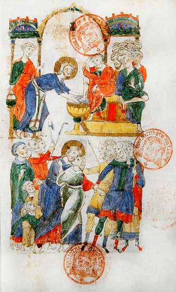 Sra. 364 Jesus lava os pés dos discípulos durante a Última Ceia e o beijo de Judas, do Breviário de Monte Cassino (vellum) de Italian School