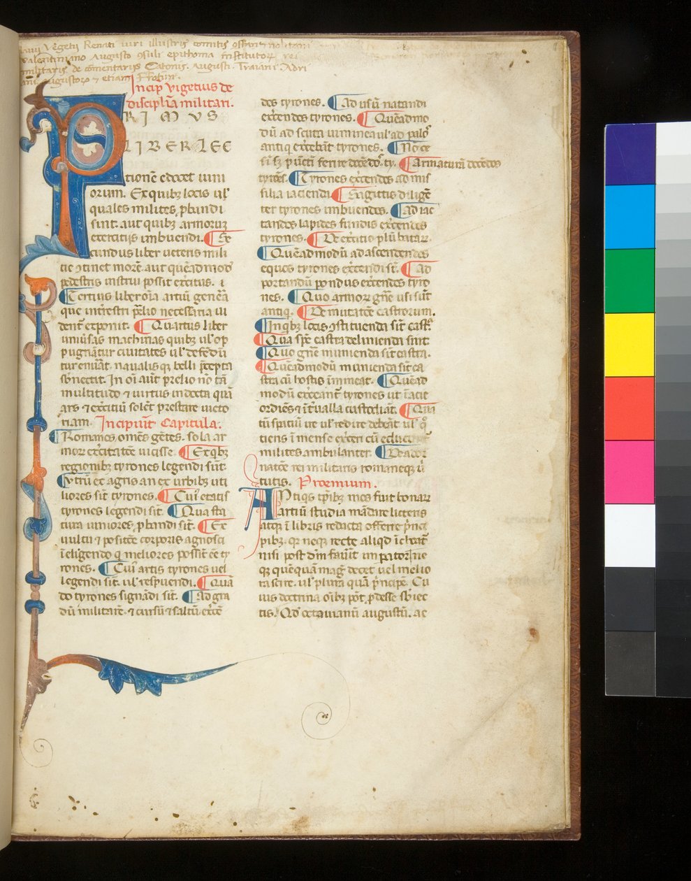 Sra. 398. Vegetius, Epitoma rei militaris, f.1r. Decorado inicial [P] estendendo-se para formar uma borda parcial de pautas e acantos, Pádua?, final do século XIII (pergaminho) de Italian School