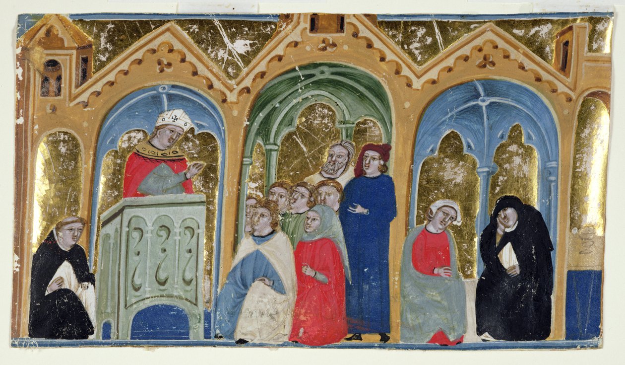 Ms. 400-2000: Miniatura de Gratians Decretum mostrando um bispo pregando a uma congregação, c.1325-30 de Italian School