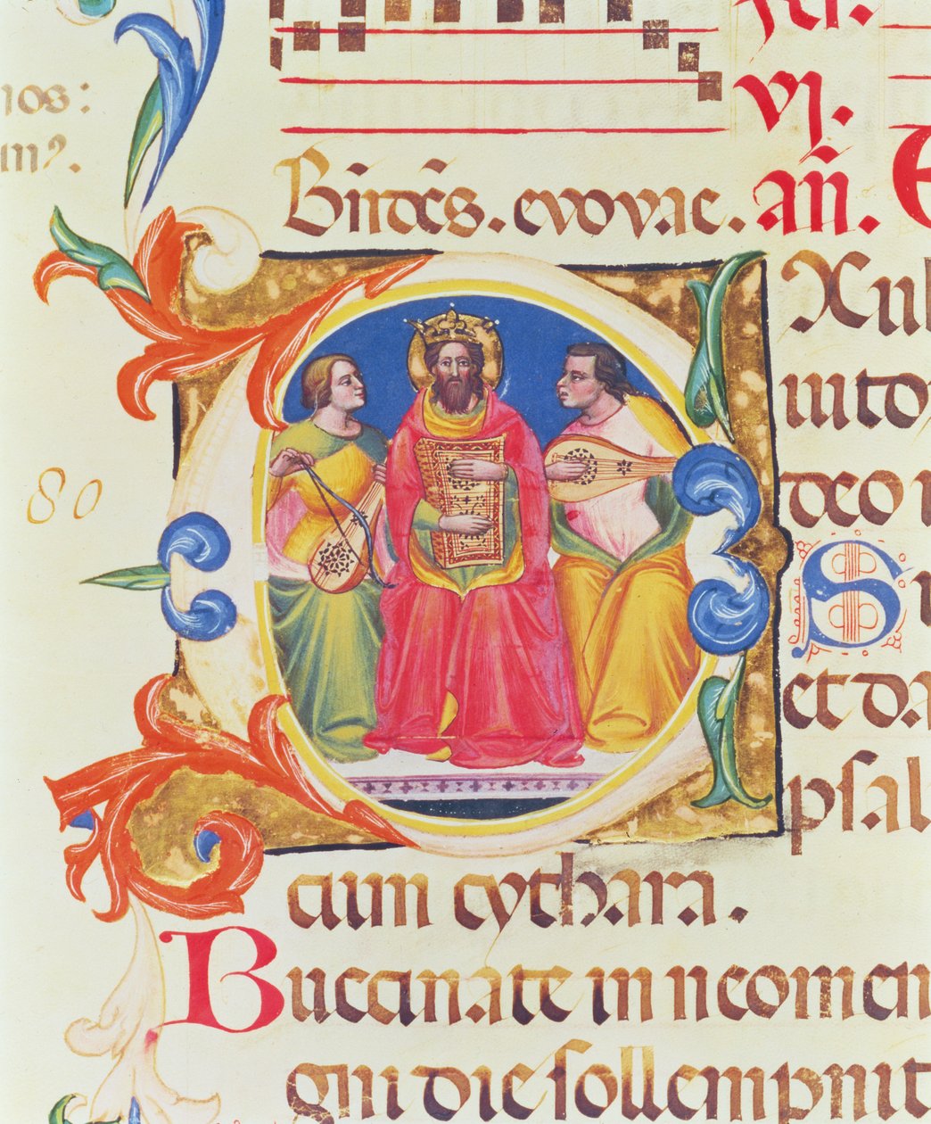 Ms. 559 f.155v Historiated inicial O retratando o rei Davi e dois anjos, do saltério de Santa Maria Novella, iluminado por Paolo Soldini (fl.1342-86) 1379 de Italian School