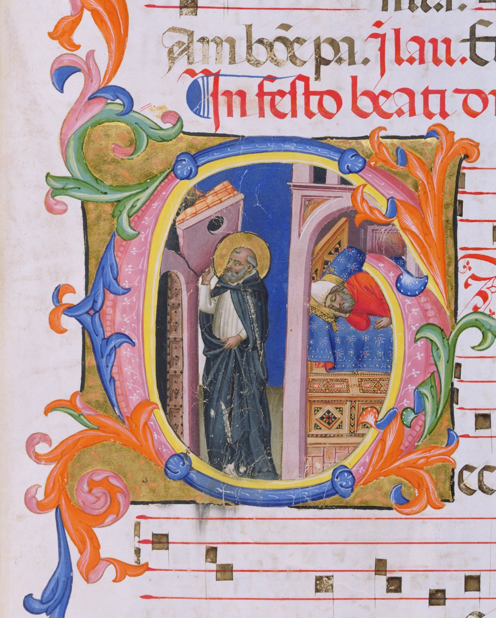 Ms 559 f.298v Historiated G inicial que descreve São Domingos sustentando a Igreja e o Sonho do Papa Honório III (1216-27) do Salmo H de San Marco e Cenacoli de Italian School