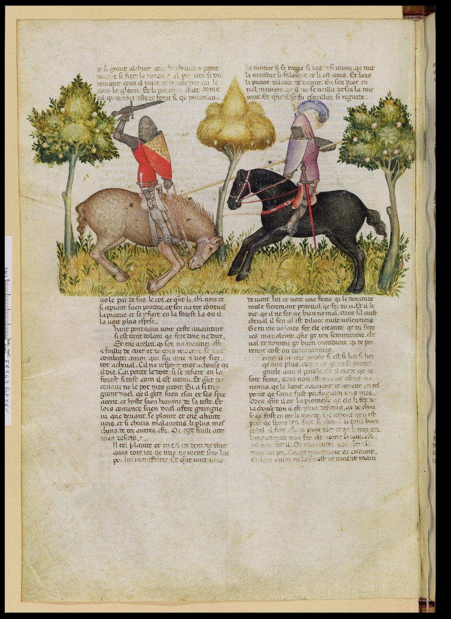 Sra. Fr 343 fol.26v O cavalo de Sir Percivals é morto, do Queste del Saint Graal, c.1380-85 de Italian School