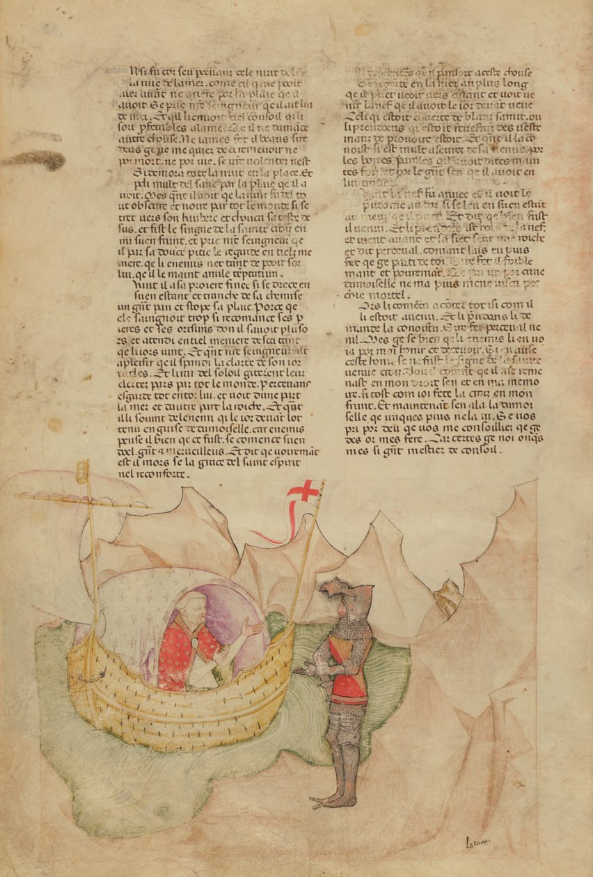 A Sra. Fr 343 fol.32v O Navio Branco vem resgatar Percival, do Queste del Saint Graal, c.1380-85 de Italian School