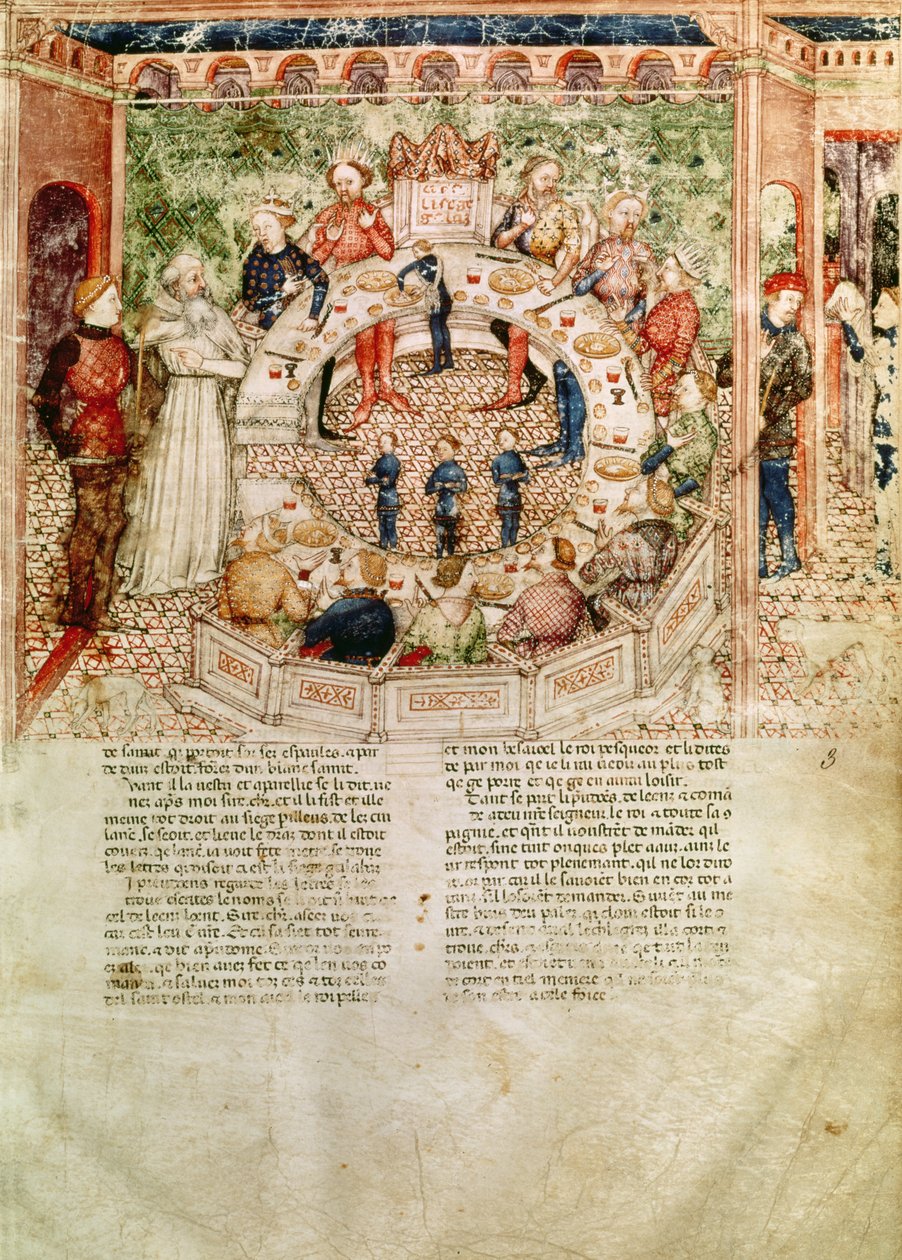 Sra. Fr 343 fol.3 Sir Galahad é recebido na Mesa Redonda, do Queste del Saint Graal, c.1380-85 de Italian School