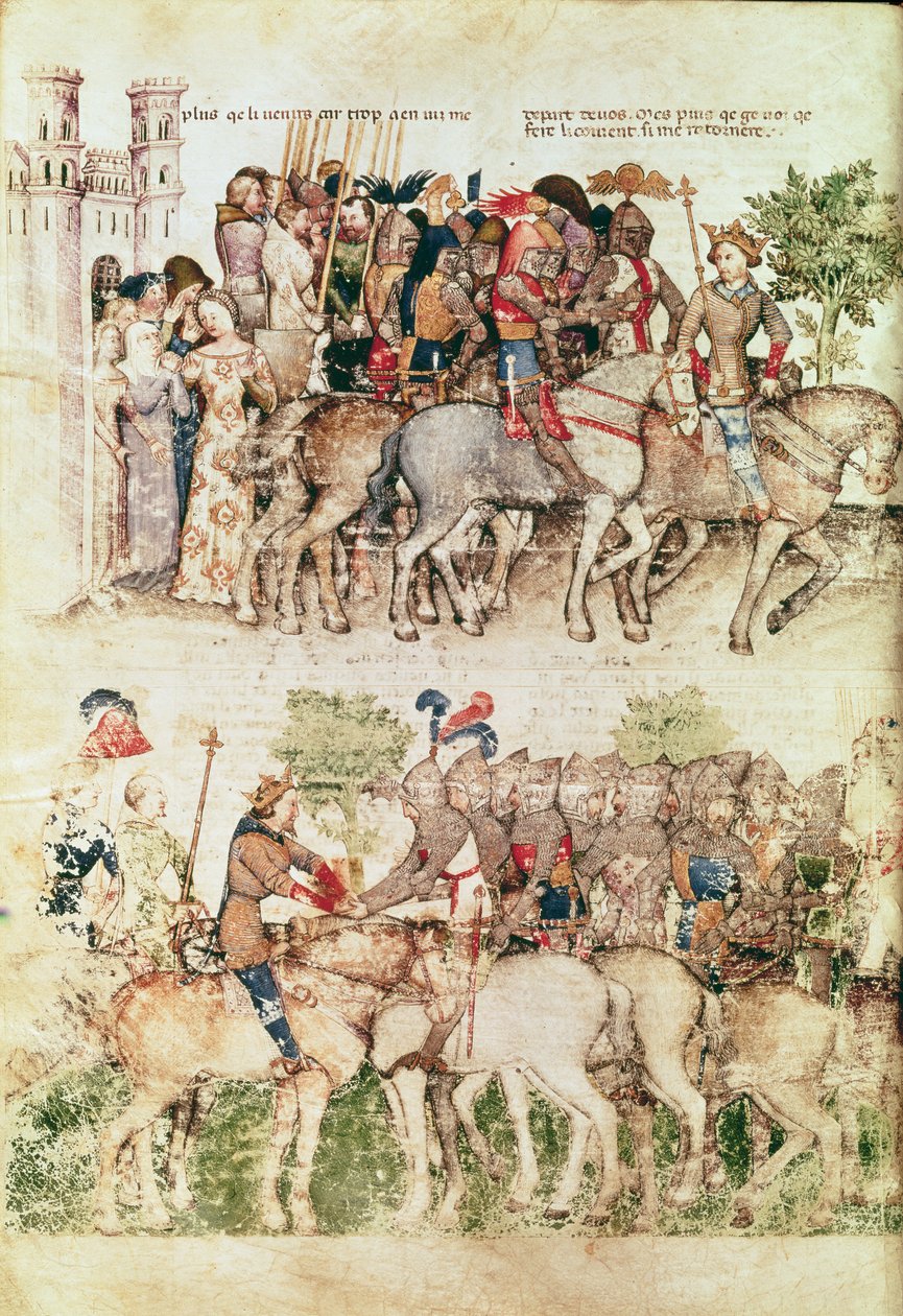 A Sra. Fr 343 fol.8v Arthur e seus cavaleiros partem em busca do Santo Graal, da Queste del Saint Graal, c.1380-85 de Italian School