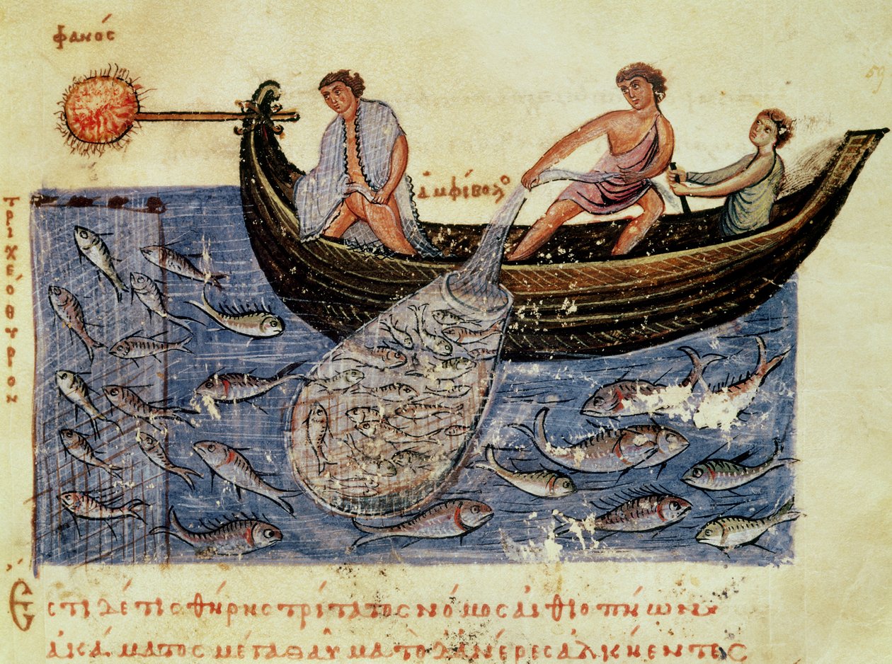 Sra. Grec 479 Pesca com uma rede, ilustração da Halieutica por Oppian (tempera sobre velino) de Italian School