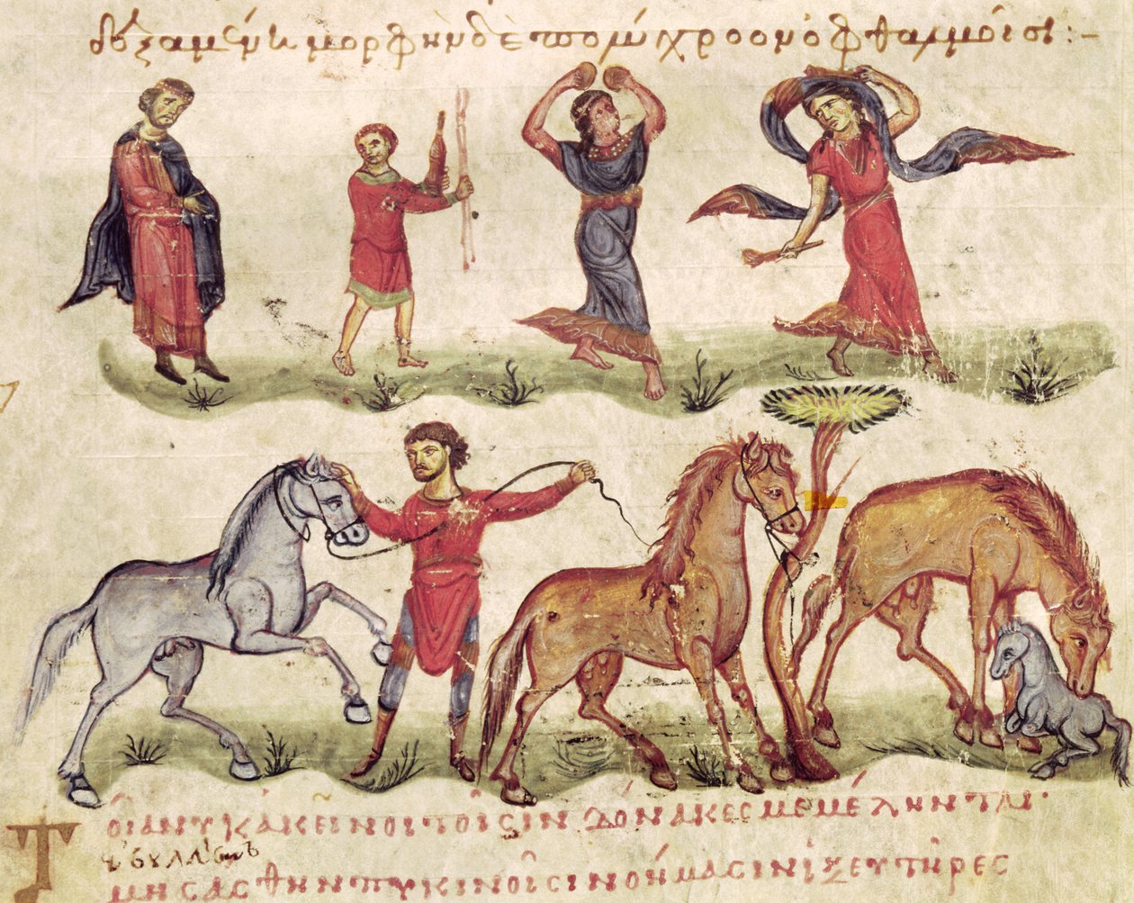 Grec 479 Horse Trainers, ilustração da Halieutica ou da Cynegetica por Oppian de Italian School