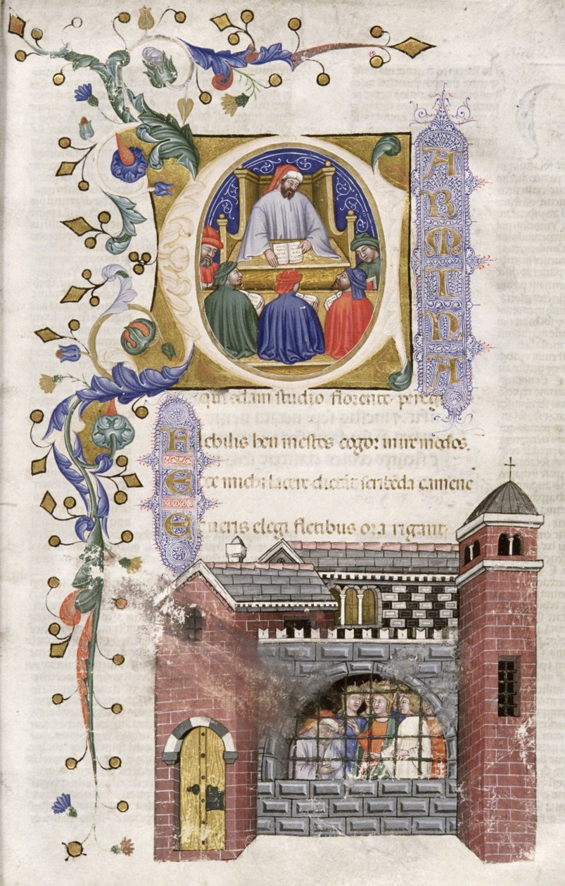 MS Ferguson 374 f.4r filosofia com estudantes de prisão, a partir as Topicis com Commenlo, 1385 de Italian School