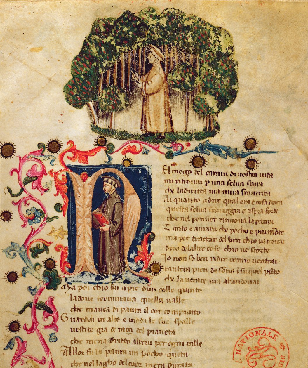 Ms It.474 Cena de abertura da &39;Divina Comédia&39; de Dante com a figura de Dante no bosque escuro (pergaminho) de Italian School