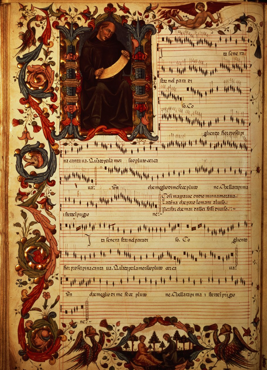 Senhora Med. Amigo. 87 Página de Notação Musical com inicial historiada, do Códice Squarcialupi, produzida no mosteiro florentino de S. Maria degli Angeli (velino) de Italian School